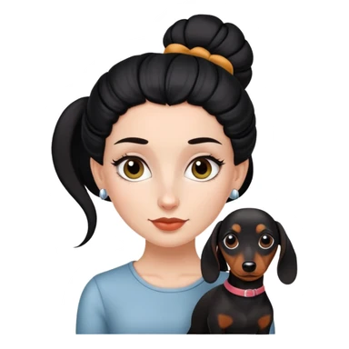 white  girl with black  bun, and a dachshund sticker