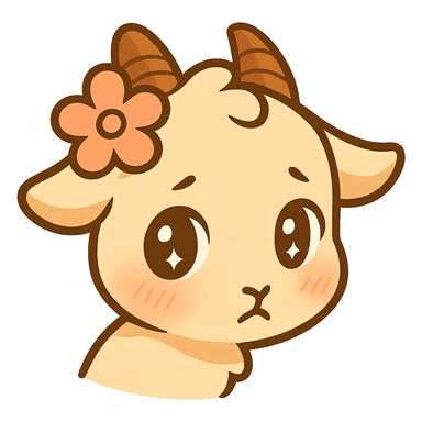 Chibi goat head only with a slightly tilted head to the side as if turned away shyly, looking up at the viewer as if peeking to see their reaction, shining eyes, blush, inspired by the full-body shy goat pose. Keep the simple clean chibi stickers style with a white background. Designed for a small emote. sticker