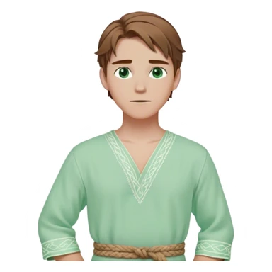Medieval spring outfit worn by a DnD themed fantasy male character. Pale mint cotton tunic with delicate ivory embroidery at the cuffs, wrapped with a braided jute belt. Clothes only above the waist, full waist coverage. The character has no arms. Character is white-skinned with sun-kissed brown hair, sea-glass green eyes, and shoulder-length straight hair with a gentle sweep. sticker