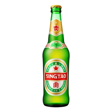 Tsingtao beer bottle, green bottle with iconic label, Chinese beer brand, foam, emoji style sticker