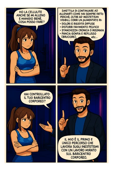 TRASFORMA QUESTO CAROSELLO IN UN FUMETTO STILE MANGA A COLORI CON QUESTE DUE PERSONE IDENTICHE CHE INTERLOQUISCONO TRA LORO:

LUI (UOMO): Smettila di continuare ad allenarti come hai sempre fatto perché, oltre ad inestetismi visibili, corri un aumentato rischio di:
    • dolori e rigidità diffuse
    • disturbi pavimento pelvico
    • stanchezza cronica o insonnia
    • pancia gonfia e reflusso (bruciore)
    • etc… sticker