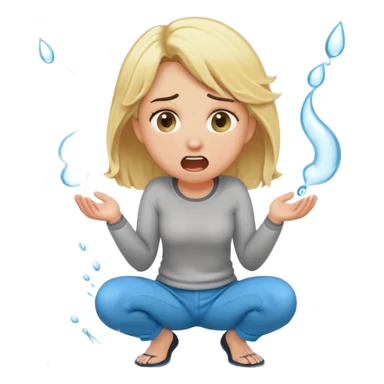 round-faced blond woman kneeling, shocked, playful cartoon stick with D-shaped knob and exaggerated features coming from trousers in front of her face, water jet into her mouth sticker