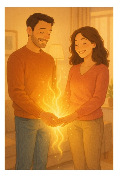 Vertical format: couple holding hands, positive energy flowing between them, bright home environment, relaxed and happy expressions. sticker
