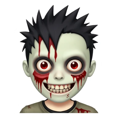 zombie boy with emo spiky hair, white skin, and white eyes; an open smile, and bloodied teeth; sticker