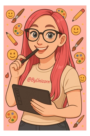 замени у этой генерации фон, подумай что можно сделать на тему эмодзи, рисования, девушку и цвета не меняй, только фон sticker