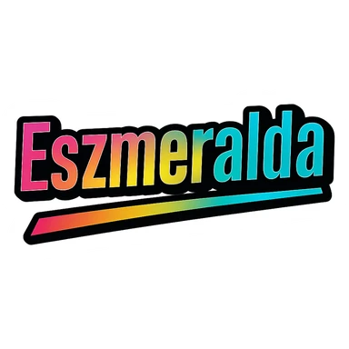 Eszmeralda name in modern gradient font with precise Hungarian characters, dark outline, extra thick, prominent white letter border, dynamic slanted underline, rainbow gradient colors, 1000x1000 px, PNG, transparent background sticker