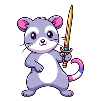 A rainbow-colored possum in heroic pose holding a jewel-encrusted sword, with glitter, hearts, and neon colors sticker