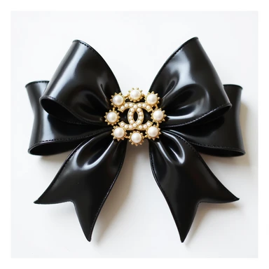 elegant bow with pearls and gold Chanel logo, glossy, black and white, realistic style sticker
