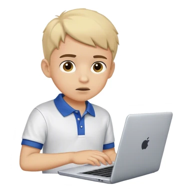 boy with polo tshirt with laptop trying to figure out something sticker