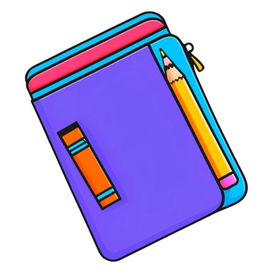 Cute school supplies including colorful pencil case, notebook, pens, and markers sticker