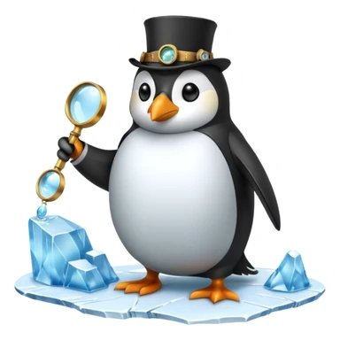 a steampunk engineer penguin analysing a matrix-like data stream descending from the sky, with a magnifying glass on top of an iceberg sticker