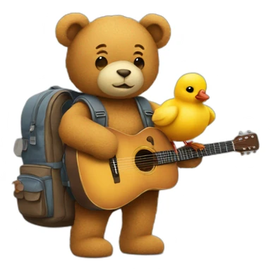a teddy with a backpack and a guitar holding hands with a chick with a camera and art stuff sticker