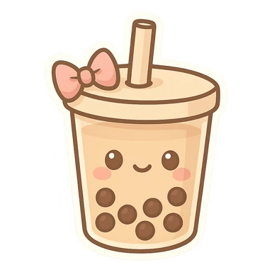 chibi sticker-style bubble tea with a bow, cute and exaggerated sticker