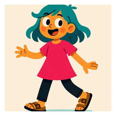 full body girl with teal hair, wearing a hot pink dress, black jeans, and brown birkenstocks, vibrant, expressive sticker