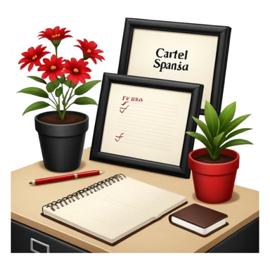 Cartel en español que diga F U E R A    D E    O F I C I N A y detrás un escritorio moderno, con una notebook, una agenda y una planta con una flor sticker