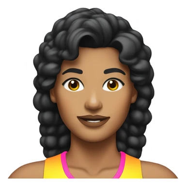 Tanned woman with black hair dressed in 1980s fitness hair, makeup, and neon attire  sticker