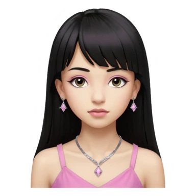 Cabelos pretos longos lisos ,com franja curvada .olhos pretos puxadinho para cima. Cílios longos curvados. Pele clara ,nariz pequeno ,lábios carnudos ,adolescente 16 anos ,vestido rosa de alça, colar pequeno prata ,brinco de diamante pequeno  sticker