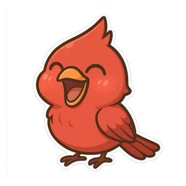 Chibi red male cardinal laughing with eyes closed and beak wide open, soft glowing cheeks, cozy cartoon emoji. sticker