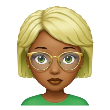 Caramel skin black woman 52 with green glasses that have gold edges and very blonde hair that’s very short but still puffy and small sticker
