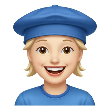 A laughing person wearing a blue hat sticker