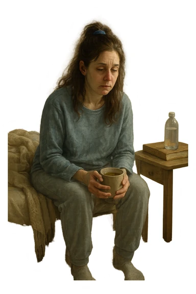 A realistic, cinematic illustration of a woman in her early 30s with a tired, pale appearance, sitting on the edge of her bed in a softly lit bedroom during the morning, looking exhausted and drained. Her posture is slightly slouched, and dark circles are visible under her eyes. She wears comfortable loungewear, holding a warm cup of herbal tea in her hands, seeking comfort. The scene includes a cozy yet slightly messy room with a blanket, a water bottle, and a book on the nightstand, emphasizing chronic fatigue. Soft natural light comes through the window, highlighting her expression of persistent tiredness despite rest, capturing the invisible struggle of chronic fatigue syndrome while maintaining dignity and a gentle aesthetic. sticker
