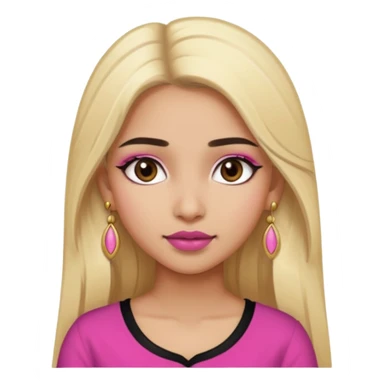 Sweet Indian girl blond long hair darkbrowm eyes brown/pink lipstick pink blush black top gold earrings brown eyebrows  sticker