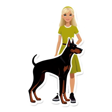 Blonde girl and greyish brown doberman sticker