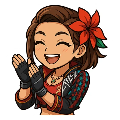 Azucena from Tekken 8 in chibi sticker style, clapping with a big smile, wearing the detailed red and patterned outfit from the reference images, designed for Twitch emote use. sticker
