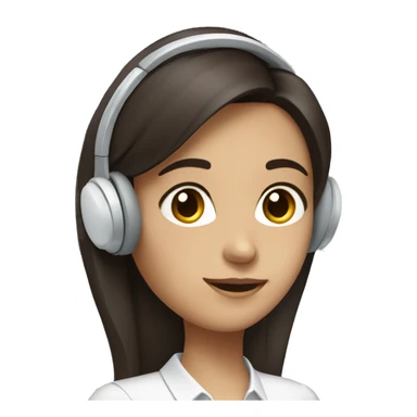girl with long, straight dark brown hair,  dark brown eyes, with white elegant shirt, wearing a headset sticker