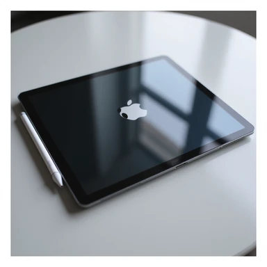 an iPad Pro with Apple Pencil, realistic style, detailed, photorealistic, modern device, screen reflection, metallic edges sticker