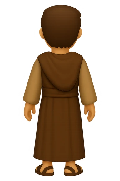 Edit the image to show a back view, centered full body, facing away, in classic emoji style. Depict apostle Peter with short hair, no hood, arms down by sides, smiling, wearing long sleeve brown clothes with beige details and a cape. No background. sticker