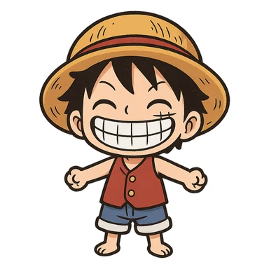adorable small Luffy, straw hat, blue shorts, grinning, cartoon style, chibi style, cute character sticker