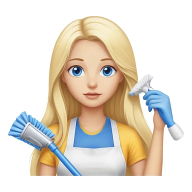 Cinematic realistic blonde with long hair, blue eyes cleans the room sticker