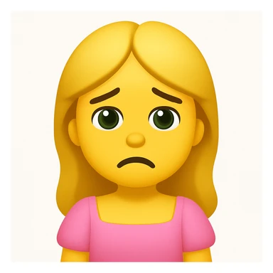 Create an edited version of the reference image in the style of apple emojis. The character should have blonde long hair, green swamp eyes, and wear a pink pastel dress. Change the expression to a sad expression while keeping all facial features, clothes, and hairstyle from the reference. sticker