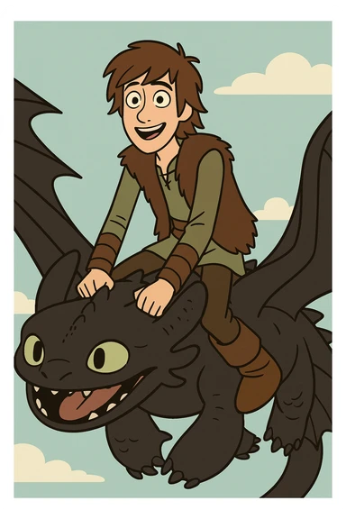 The main character from How to Train Your Dragon, a young Viking boy with brown hair, riding a dragon, animated style sticker