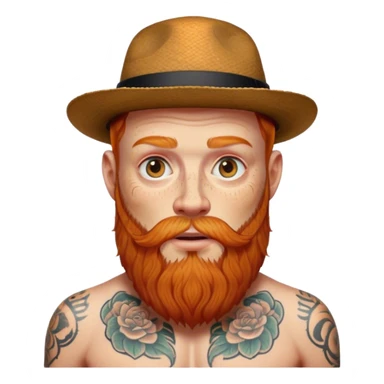 Long Ginger bearded man with tattoos and hat sticker