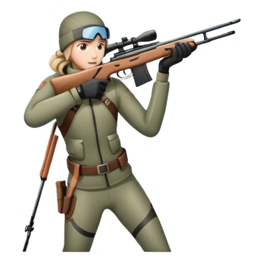 An icon showing a snowy landscape with pine trees, mountains, and a clear sky with a biathlete aiming a rifle in the foreground, wearing winter gear and skis. Transparent background emphasizes the precision, endurance, and beauty of this winter sport. sticker