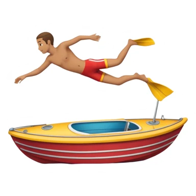 Emoji-style side view of boat with person diving off, rounded cute features, soft shading, colorful, PNG cutout sticker
