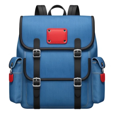 Minimalist emoji-style icon of a stylish blue denim backpack with a flap top, two vertical black buckle straps, a large red-white-navy horizontal block in the center, and two zipper side pockets. Inspired by Tommy Jeans design. Front view, cartoon-like, clean design.

 sticker