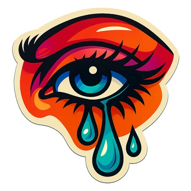 Add more color vibrancy, create a colored tear with shadows and highlights, add shadows and highlights on the eyebrows, keep the dark beautiful female eyes with eyelashes, maintain sharp black outlines, in retro stickers style, no gradients, only sharp color transitions. sticker