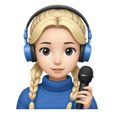 a cute face girl have bright white skin with blue knitwear with a blonde hair
bun and her job is a podcaster (recording
microphone in front of her not held and a
headphone in her head) sticker