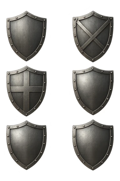 6 scudi che simboleggiano "difesa e protezione", realistici in 3d fluttuano in aria, iperrealistico 4k sticker