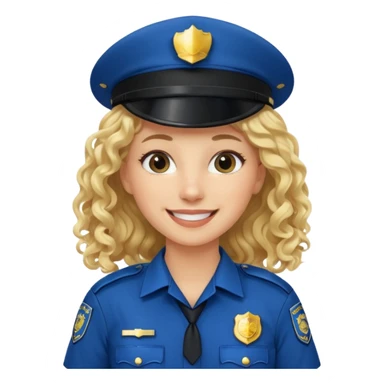 Female POLICE IN blue, long blonde curly hair, happy smile sticker