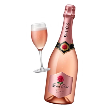 bottle of sparkling rosé champagne with a rose logo on the label, tilted up and to the left, no glass sticker