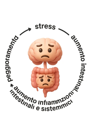 EMOJI STILE IPHONE 3D DI un cerchio con queste scritte che girano intorno "stress → peggioramento intestinale → aumento infiammazione → peggioramento sintomi intestinali e sistemici." al centro del cerchio metti un cervello e intestino umani collegati verticalmente con espressione dubbiosa in volto, FALLO MOLTO REALISTICO IN 3D sticker