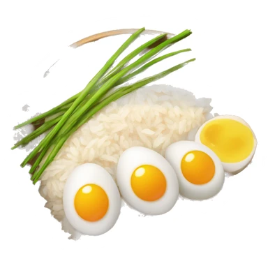 a bowl of rice with two eggs and two whole chicken sticker