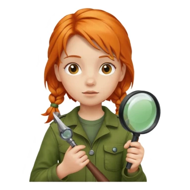 braid orange haired girl kid in moss green explorer outfit, holding magnifying glass sticker