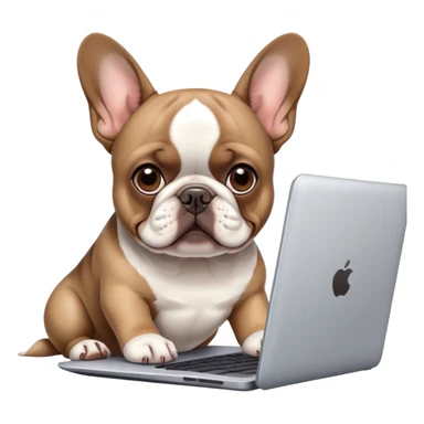 French bulldog behind laptop working sticker