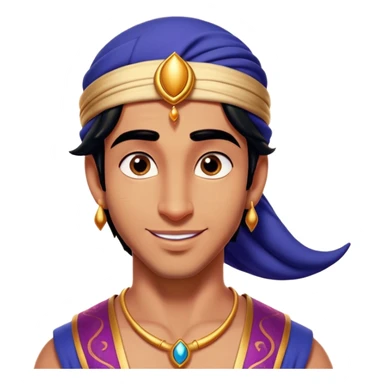 Cinematic Realistic Aladdin Portrait, head tilted playfully and inquisitively, showcasing his roguish charm and bright, mischievous eyes. His signature attire is rendered in exquisite detail with dynamic natural highlights, and a hint of magic sparkles about him—embodying a youthful, adventurous energy with friendly power. sticker