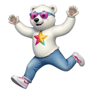 friendly anthropomorphised polar bear leaping with excitement, wearing a shirt, jeans, trainers, oversized colorful star glasses sticker